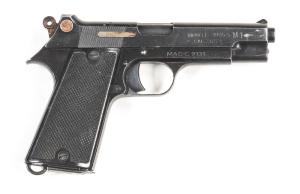 MAC MODEL 1935 S/A POCKET PISTOL: 7.65 Cal; 8 shot mag; 102mm (4") barrel; g. bore; standard sights, slide Model & Cal markings; retaining 95% original blue finish; g. profiles & clear markings; vg black plastic grips; gwo & vg cond. #MAC-C9131 Pre '47 L/