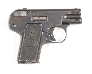 JIEFFEC MODEL 1913 POCKET S/A PISTOL: 6.35 Cal; 8 shot mag; 51mm (2") barrel; fair bore; standard sights, slide address & markings; retaining 90% original blue finish; beetle damage to hard rubber grips; gwo & cond. #19871 Pre '46 L/R