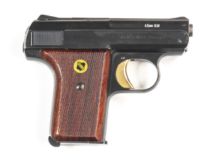 RECK MODEL P8 S/A POCKET PISTOL: 6.35 Cal; 6 shot mag; 51mm (2") barrel; exc bore; standard sights, slide address & Cal markings; sharp profiles; retaining all original blue finish; exc chequered wooden grips; gwo & "as new" cond. Comes in its original r