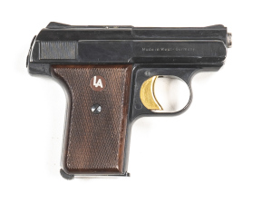 GERMAN RECK MODEL P8 S/ POCKET PISTOL: 6.35 Cal; 6 shot mag; 547mm (2¼") barrel; exc bore; standard sights, slide address & markings; sharp profiles & clear markings; retains all original blue finish & gold finished trigger; exc chequered wooden grips; p