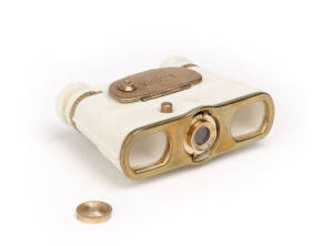 BINOCA (Japan): Binoca Picture Binocular, c1950, 16mm subminiature camera (with cassette present) built into opera glasses [#73010]. Bicon f4.5 40mm lens (with cap) and brackets for neck cord. 