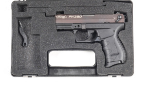 WALTHER PK380 S/A PISTOL: 380 Cal; 8 shot mag; 92mm (3¾") barrel; "new unfired" bore; black polymide frame & grip; "steel" brown finish to slide; gun is NIB with its manual. #KP001003 Post '46 L/R