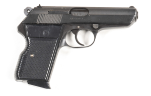 CZ MOD.70 S/A PISTOL: 7.65 Cal; 8 shot mag; 92mm (3¾") barrel; exc bore; standard sights, slide address & markings; matt black finish to top of slide; blacked finish to sides of slide & frame; vg black plastic grips; gwo & vg cond. #651893 Post '46 L/R