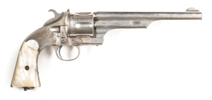 MERWIN HULBERT LARGE FRAME FRONTIER ARMY S/ACTION OPEN TOP C/F REVOLVER: 44 M&H; 6 shot scoop type cylinder flutes; 7" round barrel; f to g bore; standard sights & one line MERWIN HULBERT NEW YORK ADDRESS & PATENT DATES; lhs of barrel marked THE HOPKINS &