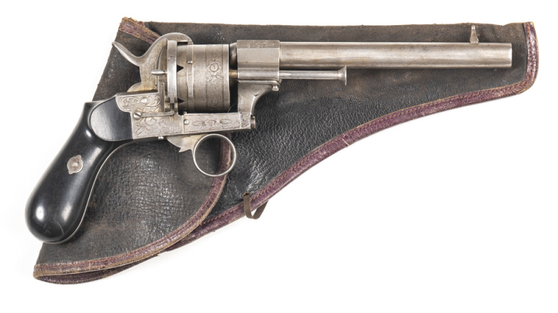 ITALIAN LARGE FRAME PINFIRE REVOLVER: 9MM P/F; 6 shot non fluted cylinder with 1/3rd foliate engraved; 158mm (6½") round barrel with foliate engraving to the breech; fair bore; vg foliate engraved frame with ring trigger; vg profiles & clear engraving; si