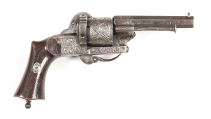 LEFAUCHEUX ENGRAVED PINFIRE POCKET REVOLVER: 8MM P/F; 6 shot foliate engraved non fluted cylinder; 85mm (3¼") octagonal barrel; f. bore; standard sights; foliate engraved breech of barrel, frame with folding trigger & back strap; vg walnut grips; gwo & vg