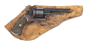 FRENCH MEDIUM FRAME PINFIRE REVOLVER: 7MM; 6 shot non fluted cylinder; 85mm (3 3/8") octagonal barrel; poor bore; lhs of barrel marked ACIER FONDU; g. profiles & clear markings; revolver has a vg blue finish to barrel, cylinder & hammer; burnt orange fini