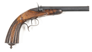 FLEMISH FLOBERT BTE ACTION SINGLE SHOT SALOON PISTOL: 22 short; 183mm (7¼") octagonal barrel; g. bore; standard sights; iron t/guard with an extended spur; g. profiles; matt blue finish to barrel & hammer; burnt orange finish to t/guard & butt cap; g. ori