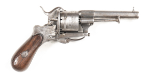 LEFAUCHEUX MEDIUM FRAME PINFIRE POCKET REVOLVER: 7MM; 6 shot foliate engraved non fluted cylinder; 87mm (3 3/8") round barrel; g. bore; standard sights & fittings; borderline & foliate engraved frame with a folding trigger; vg profiles & clear engraving; 