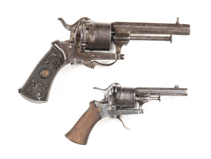 LOT X 2 FLEMISH PINFIRE REVOLVERS: SMALL FRAME; 5mm PF; 6 shot non fluted cylinder; 55mm (2 1/8") octagonal barrel, plain frame with exposed trigger; wear to profiles; silver grey finish to barrel, frame & back strap; blue/grey to cylinder; g. plain woode