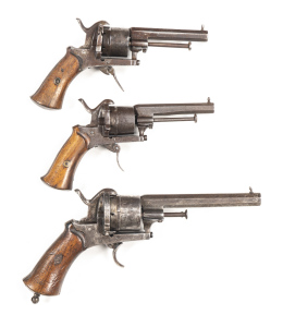 LOT X 3 P/F REVOLVERS: FLEMISH MEDIUM FRAME: 9MM PF; 6 shot non fluted cylinder; plain frame with t/guard missing; slight wear to profiles; grey finish to all metal; plain wooden grips; trigger return not working. FLEMISH SMALL FRAME: 7MM; 6 shot non flut