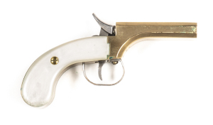 C.M.C. D/B PERCUSSION POCKET PISTOL: 36 Cal; 76mm (3") brass barrels; g. bores; barrels & grip frame stainless steel t/guard; imitation mother of pearl grips; gwo & vg cond. #14215S Post ‘47 L/R