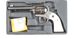 RUGER BISLEY STAINLESS STEEL NEW VAQUERO C/F S/A REVOLVER: 45 Cal; 6 shot fluted cyl; 140mm (5 ½”) barrel; vg bore; std sights & fittings; lhs of frame marked RUGER NEW VAQUERO 45 CAL; sharp profiles & clear markings; revolver is almost “as new” with a Fa