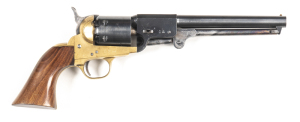 PIETA 1851 BRASS FRAME COLT NAVY PERCUSSION REVOLVER: 36 Cal; 6 shot non fluted cylinder; 190mm (7½") round barrel; g. bore; standard sights & fittings; retaining 95% original blue finish to barrel & cylinder; mellow finish to brass frame, t/guard & back 