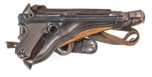 IMPERIAL GERMAN WWI D.W.M. ARTILLERY LUGER SERVICE PISTOL: 9MM; 8 shot mag; 200mm (7¾") barrel; g. bore; 1917 date to the breech & D.W.M. to the toggle; grip frame marked J.R. 48. M.G.; g. profiles & clear markings; retaining 95% original blue finish with