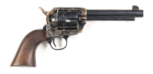 PIETA COLT S.A.A. C/F REVOLVER: 44-40 Cal; 6 shot fluted cylinder; 121mm (4¾") round barrel; g. bore; standard sights; retaining 95% blue finish to barrel; cylinder & relevant areas; vivid case colours to frame; vg wooden grips; gwo & cond. #E14119 Post '