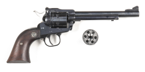 RUGER NEW MODEL SINGLE SIX SINGLE ACTION R/F REVOLVER: 22 RF MAG & 22LR; 6 shot cylinder; 165mm (6½") round barrel; retaining 98% original blacked finish to all metal with a drag mark to 22 RF cylinder; g. wooden grips; gwo & vg cond. #6777983 Post '46 