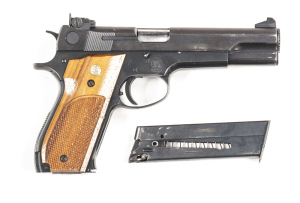 SMITH & WESSON MODEL 52-2 S/A PISTOL: 38 Spec; 5 shot mag; 117mm (4 3/8") barrel; g. bore; standard sights; S&W address to lhs of slide; Trademark to rhs of alloy frame; vg. profiles, clear address & markings; retaining 90% original finish with a rub mar