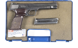 SMITH & WESSON MODEL 46 S/A PISTOL: 22LR; 10 shot mag; 140mm (5½") barrel; vg bore; standard sights; Trademark to lhs of action, rhs MADE IN USA & address; vg profiles & clear markings; retaining 95% original blue finish; g. chequered brown plastic grips;