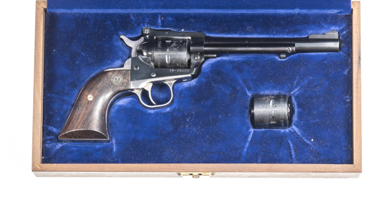 CASED RUGER NEW MODEL SINGLE SIX COLORADO CENTENNIAL 1878-1976 R/F REVOLVER: 22 RF & 22 RF Magnum; 6 shot cyl; 165mm (6½") rnd barrel; vg bore; standard sights & fittings; sharp profiles, clear address & Centennial markings; retaining 98% original blue fi