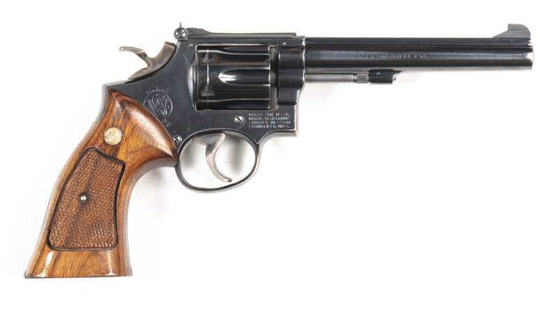 SMITH & WESSON K22 MASTERPIECE MOD 17 C/F REVOLVER: .22LR; 6 shot fluted cylinder; 150mm (5 7/8") barrel; vg bore; standard sights, S&W & Cal markings to barrel; Trademark, MADE IN USA & address to rhs of frame; sharp profiles & clear markings; retaining