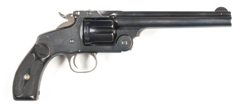 SMITH & WESSON NO 3 STANDARD MODEL C/F REVOLVER: 44 S&W Russian; 6 shot fluted cylinder; 165mm (6½") barrel; f to g bore; standard sights; S&W two line address to top barrel flat; S&W Trademark to rhs of frame; vg profiles & clear markings; retaining 95%