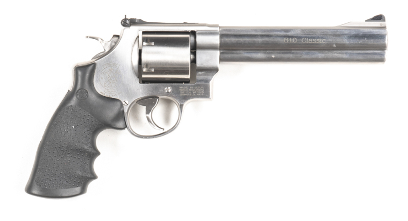 SMITH & WESSON MOD 610 CLASSIC STAINLESS STEEL C/F REVOLVER: 10MM; 6 shot non fluted cylinder; 165mm (6½") barrel; standard sights, S&W, 10MM & 610 CLASSIC to barrel; S&W Trademark & MADE IN USA & address to rhs of frame; sharp profiles & clear markings;