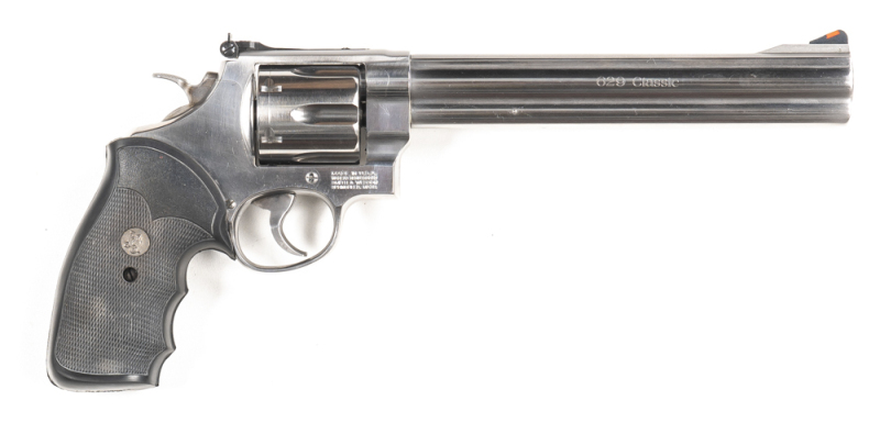 SMITH & WESSON MODEL 629-6 CLASSIC STAINLESS STEEL C/F REVOLVER: 44 Magnum; 6 shot fluted cylinder; 214mm (8 3/8") barrel; exc bore; standard sights; 629 CLASSIC & 44 MAGNUM to barrel; Trademark to lhs of frame & MADE IN USA & address to rhs; sharp profil