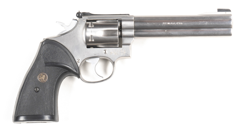 SMITH & WESSON MODEL 648 STAINLESS STEEL R/F REVOLVER: 22 Magnum; 6 shot fluted cylinder; 153mm (6") barrel; vg bore; standard sights; S&W & Cal markings to barrel; Trademark to lhs of frame, MADE IN USA & address to rhs; sharp profiles & clear markings;