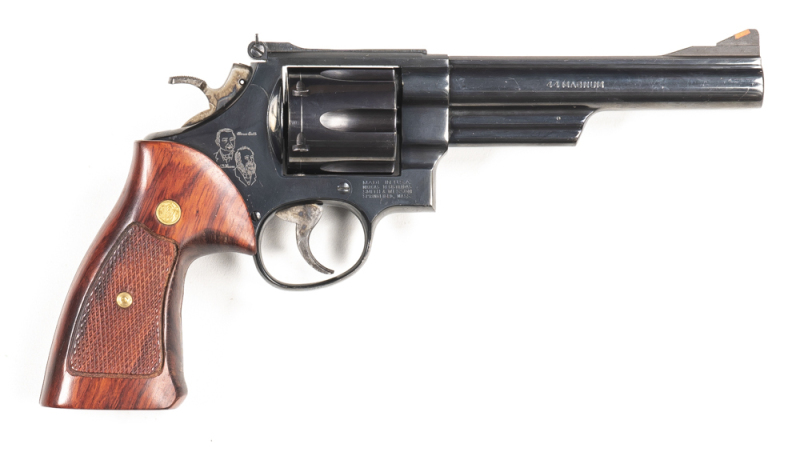 SMITH & WESSON MODEL 29 C/F REVOLVER: 44 Magnum; 6 shot fluted cylinder; 150mm (5 7/8") barrel; fine "unfired" bore; standard sights; S&W & Cal markings to barrel; Trademark to lhs of frame & MADE IN USA & address to rhs along with the engraved likeness o