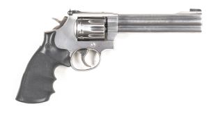 SMITH & WESSON MODEL 617 K22 STAINLESS STEEL MASTERPIECE R/F REVOLVER: 22R/F; 10 shot fluted cylinder; 150mm (5 7/8") barrel; standard sights; vg bore; SMITH & WESSON & Cal markings to barrel; Trademark to lhs of frame, MADE IN USA & address to rhs; sharp