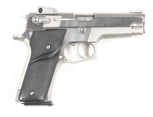 SMITH & WESSON MODEL 659 STAINLESS STEEL S/A PISTOL: 8MM; 14 shot mag; 102mm (4") barrel; vg bore; standard sights to slide & S&W MADE IN USA & address; S&W Trademark to rhs of frame; vg profiles with clear address & markings; polished finish to frame & 