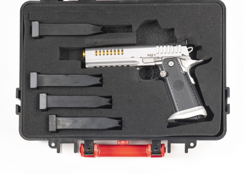 BUL ARMORY SAS AIR PICATTINY S/A PISTOL: 9MM; 10 shot mag; 127mm (5") gold coloured barrel; exc bore; std sights; BUL ARMORY & SAS II AIR to slide with ventilated top & side sections; sharp profiles & clear markings; retaining 99% original silver grey fac