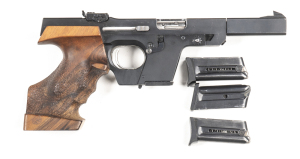 WALTHER GSP S/A R/F TARGET PISTOL: 22LR; 5 shot mag; 114mm (4½”) barrel; exc bore; standard sights & fittings; WALTHER banner GSP CAL 22LR to lhs of barrel; address to lhs of action; sharp profiles & clear markings; retaining 97% original Factory blacked 