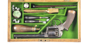 CASED ADAMS PATENT MODEL 1851 PERCUSSION REVOLVER made by AUGUSTE FRANCOTTE LIEGE BELGIUM for LE. PAGE MOUTIER A PARIS: 54 bore; 5 shot cylinder; 160mm (6¼") octagonal barrel; vg bore; standard sights with top strap inscribed DEANE ADAMS & DEANE, LONDON A