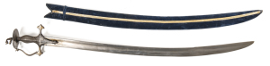 LAHOR TULWAR: vg cond 31" hollow ground watered blade, 8½" back edge; traditional hilt with bar & disc, areas of gold damascene remain to quillions & protected areas; complete with original dark blue velvet over wood scabbard; 19th cent L/R