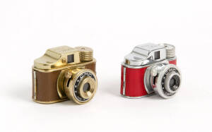 C.M.C. (Japan): Sub-miniature "Hit" type camera with gold coloured metal parts; in maker's leather ERC. Also, an example in chrome finish with red leatherette. (2 cameras).