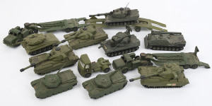 DINKY DIE CASTS - TANKS: pre-loved selection comprising Tank Transporters (2) each carrying a Centurion, Army articulated lorry carrying a Chieftain, plus two other Chieftains (2), Leopards (3, including a Recovery Tank) and an Alvis Scorpion; c.1970s; (1