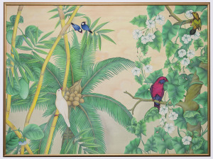 JMD. ATAL (Bali), Birds of the Forest, watercolour on canvas, signed lower left, 119 x 158cm.