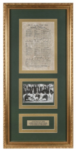 THE AUSTRALIAN TEAM IN ENGLAND - 1909 An attractive display comprising a real-photo postcard portrait of the team with printed title and team list, signed by all the Test team players, an original silk scorecard for the Fifth Test at the Oval (recording B