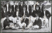 THE AUSTRALIAN TEAM IN ENGLAND - 1909 An attractive display comprising a real-photo postcard portrait of the team with printed title and team list, signed by all the Test team players, an original silk scorecard for the Fifth Test at the Oval (recording B - 2