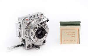 COMPASS CAMERAS LTD (England): Compass Camera c1937 [#1374] compact 35mm rangefinder camera with aluminium body incorporating many built-in features. With f3.5 35mm lens. Manufactured by LeCoultre Co., Switzerland.