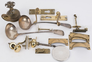 Two silver plated ladles and assorted handles and door furniture, mostly 20th century