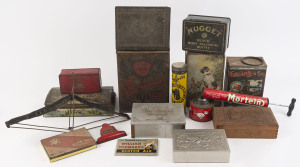 TINS & ADVERTISING. An assorted lot including "NUGGET BOOT POLISH", "PETERSON & Co. CEYLON TEA", "EDWARDS & CO's COCOA ESSENCE" and others, 19th and early 20th century, (16 items),