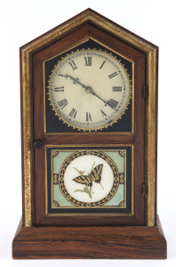 JEROME & Co. American kitchen clock, 19th century. Rosewood veneered steeple case with applied gilt cushion moulded decoration and reverse painted glass door depicting a butterfly, 8 day time and gong striking movement, original painted dial with Maltese 