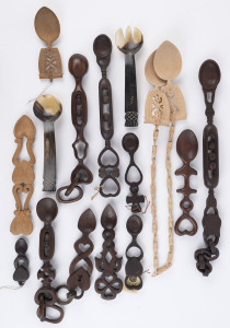 Nine assorted Welsh and Scottish love spoons, carved wood and horn, 19th and 20th century, the largest 51cm high