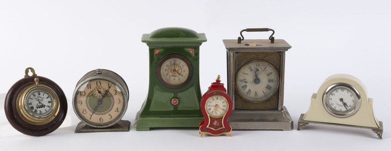 NEW HAVEN, JUNGHANS, HELVECO, W.B.S. COLOMBO and two other German made bedside clocks, mid 20th century. (6 items). The New Haven, Junghans and Helveco with alarm movements, the Colombo with watch regulator movement, all with lever style escapements. the