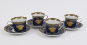 VERSACE Rosenthal "MEDUSA BLUE" four German porcelain cups and saucers, (8 items), stamped "Rosenthal, Versace, Medusa Blue", the saucers 15.5cm diameter