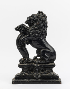 An antique "Rampant Lion" doorstop, painted cast iron, 19th century, stamped "FURPHY", 37cm high