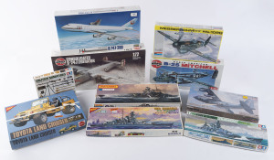 SCALE MODEL KITS: Boxed Selection including AIRFIX Consolidated B-24J Liberator & B-25 Mitchell military aircraft both 1/72 scale; NICHIMO Toyota Land Cruiser scale 1/20; other military-related kits by HASEGAWA, MATCHBOX, MONOGRAM & TAMIYA; all appear com